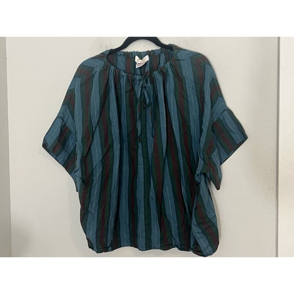 Carleen Striped Tie Neck Multicolor Short Sleeve Top Size Medium Boxy Lagenlook